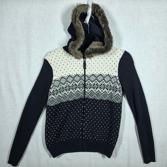 Tommy Hilfiger Sweaters - Tommy Hilfiger Full Zip Sweater Womens Medium Navy Fair Isle Faux Fur Hood